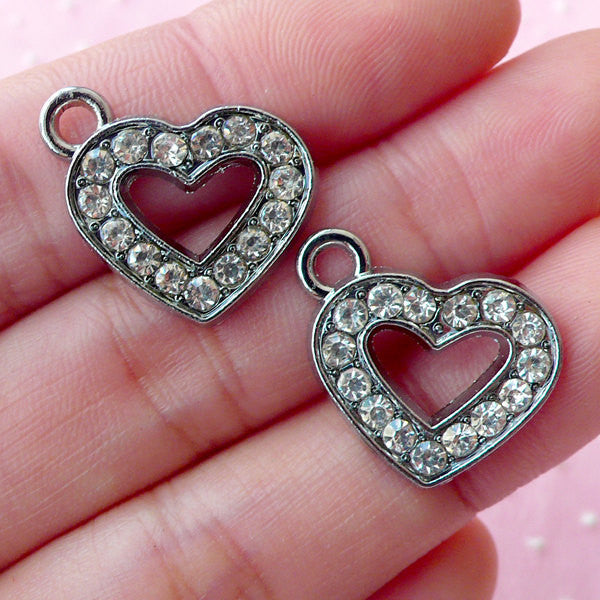 Silver Heart Charm with Bling Bling Rhinestones (2pcs / 19mm x 17mm /, MiniatureSweet, Kawaii Resin Crafts, Decoden Cabochons Supplies